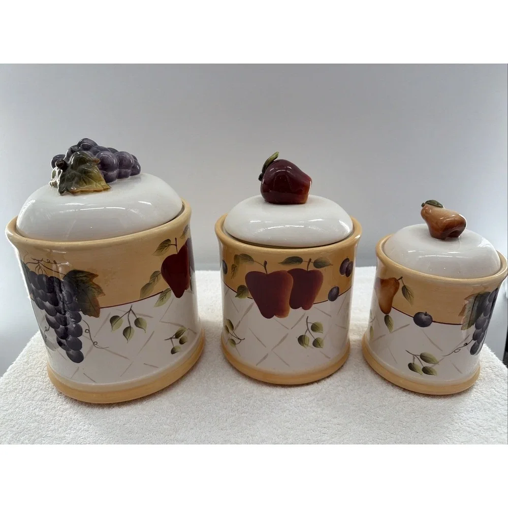 Set of 3 Canister & Lid Sonoma Villa - Rubber Seal Ceramic Home Interiors Fruits - Picture 1 of 12